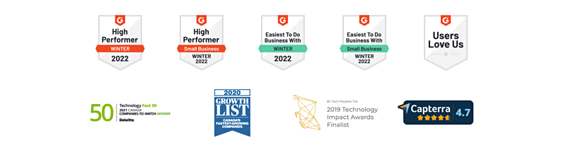 CoPilot AI awards from the Growth List, Deloitte, G2 Crowd, Capterra, and BC Tech